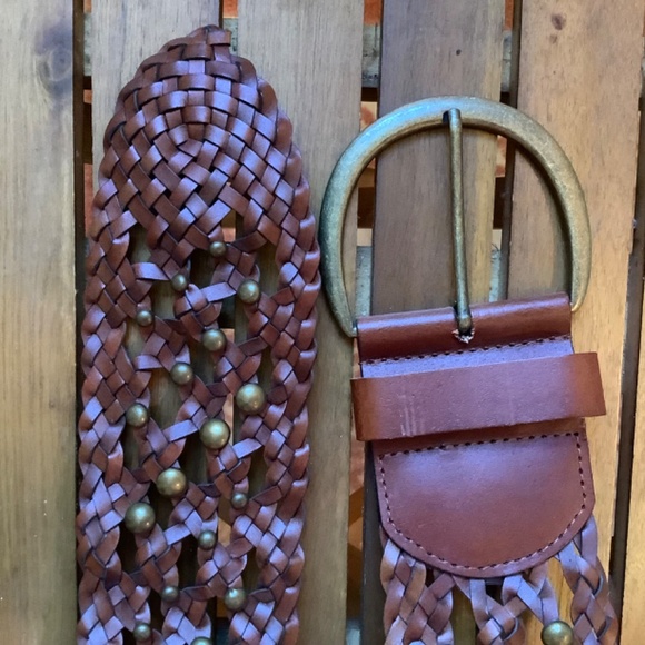 Another Line Inc Leather Wide Woven Braided Studded Belt Chestnut SZ L